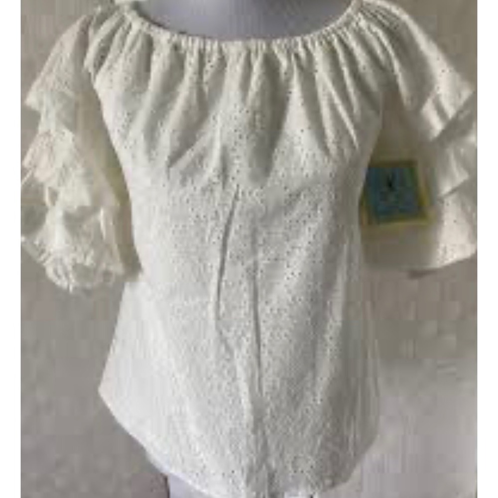CeCe‎ Women White Eyelet Lace Layered Ruffle Sleeve Lined Blouse Top XS NWT